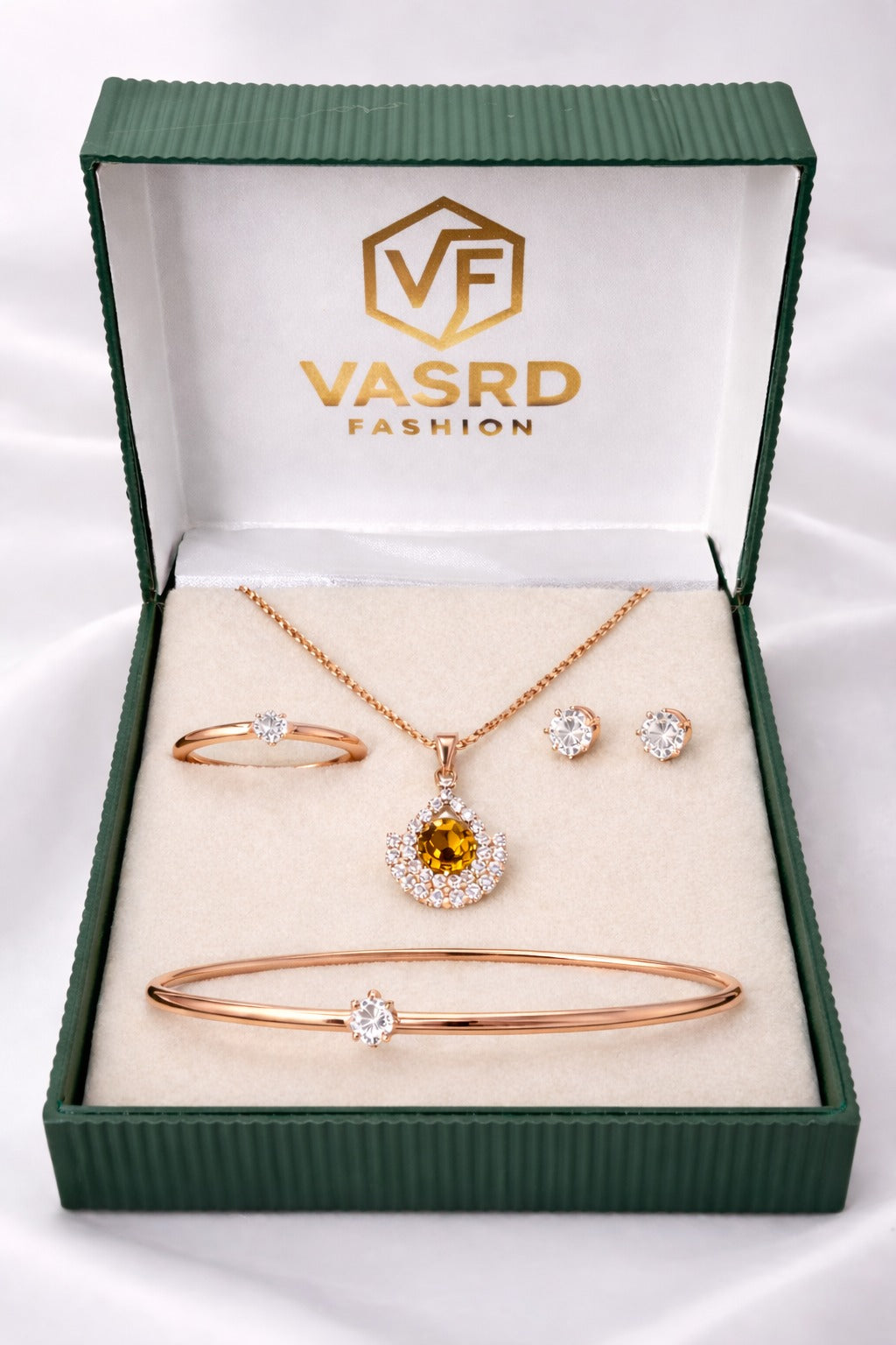 Elegant Rose Gold Amber Stone Pendant Jewelry Set with Bracelet, Ring & Stud Earrings