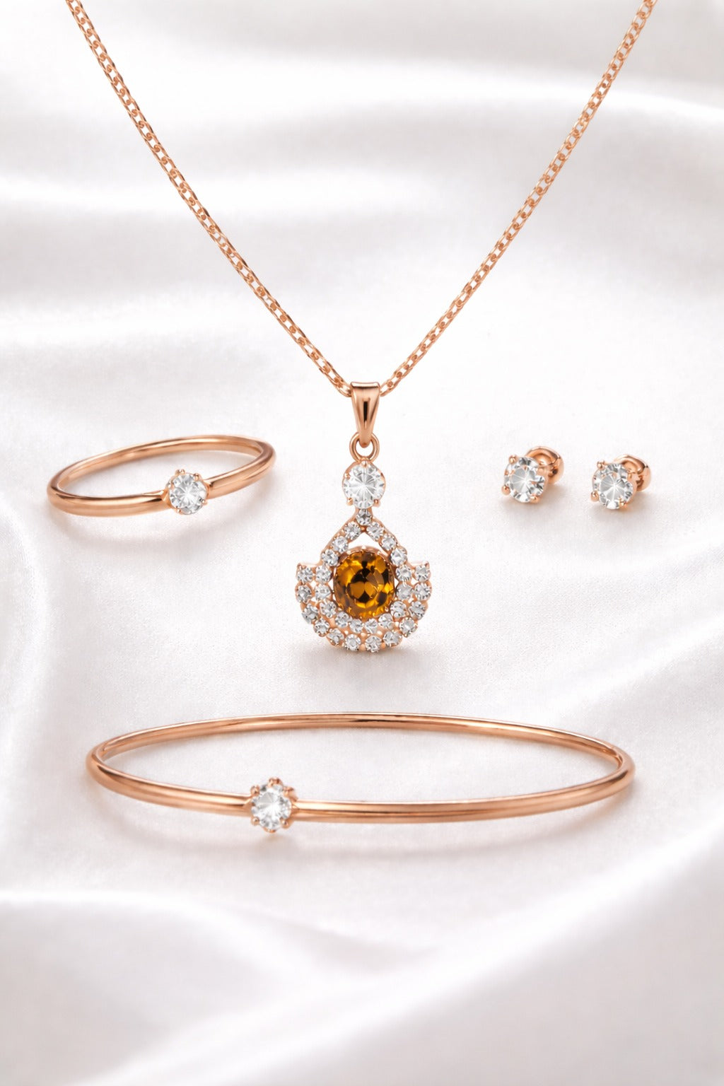 Elegant Rose Gold Amber Stone Pendant Jewelry Set with Bracelet, Ring & Stud Earrings