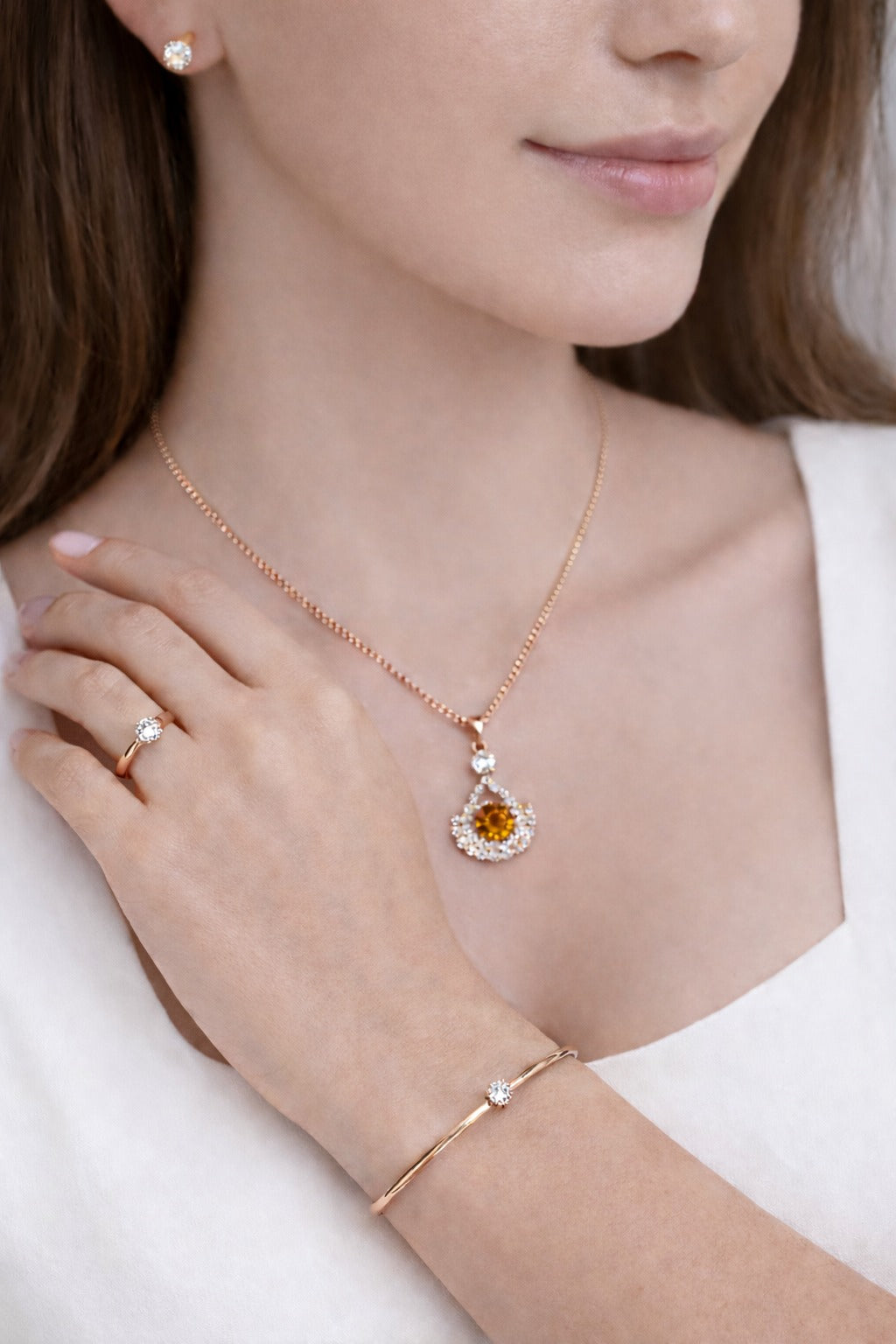 Elegant Rose Gold Amber Stone Pendant Jewelry Set with Bracelet, Ring & Stud Earrings