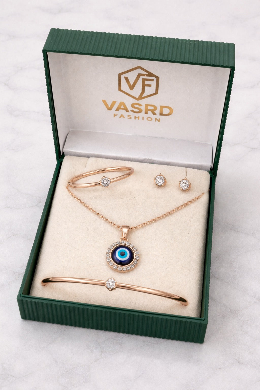 Elegant Evil Eye Rose Gold Jewelry Set with CZ Stones – Necklace, Bracelet, Ring & Stud Earrings