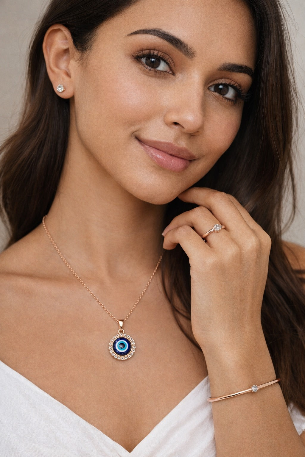 Elegant Evil Eye Rose Gold Jewelry Set with CZ Stones – Necklace, Bracelet, Ring & Stud Earrings