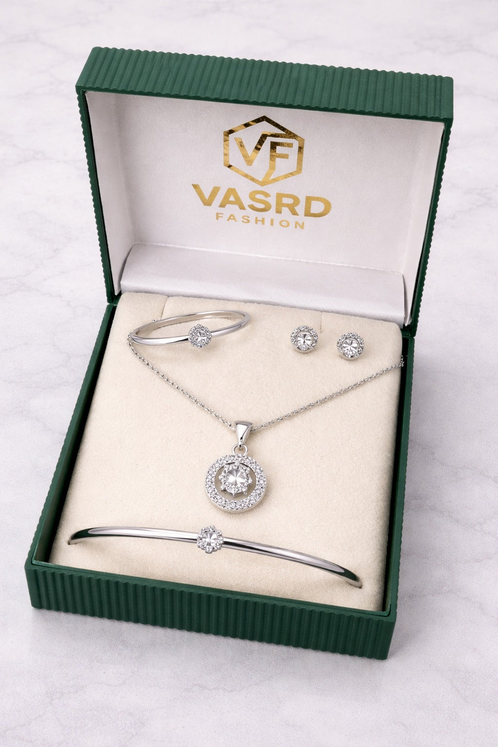Elegant Silver-Tone CZ Jewelry Set – Pendant Necklace, Bracelet, Ring & Stud Earrings