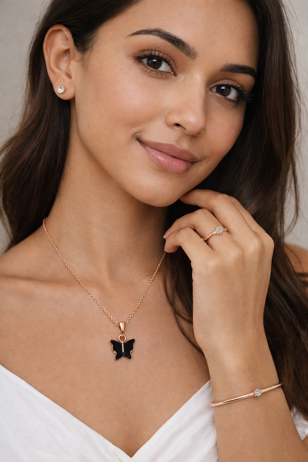 Elegant Butterfly Rose Gold Jewelry Set with CZ Stones – Necklace, Bracelet, Ring & Stud Earrings