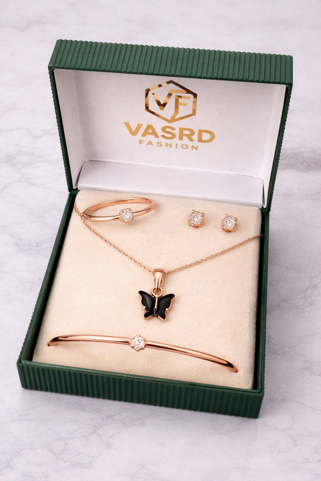 Elegant Butterfly Rose Gold Jewelry Set with CZ Stones – Necklace, Bracelet, Ring & Stud Earrings