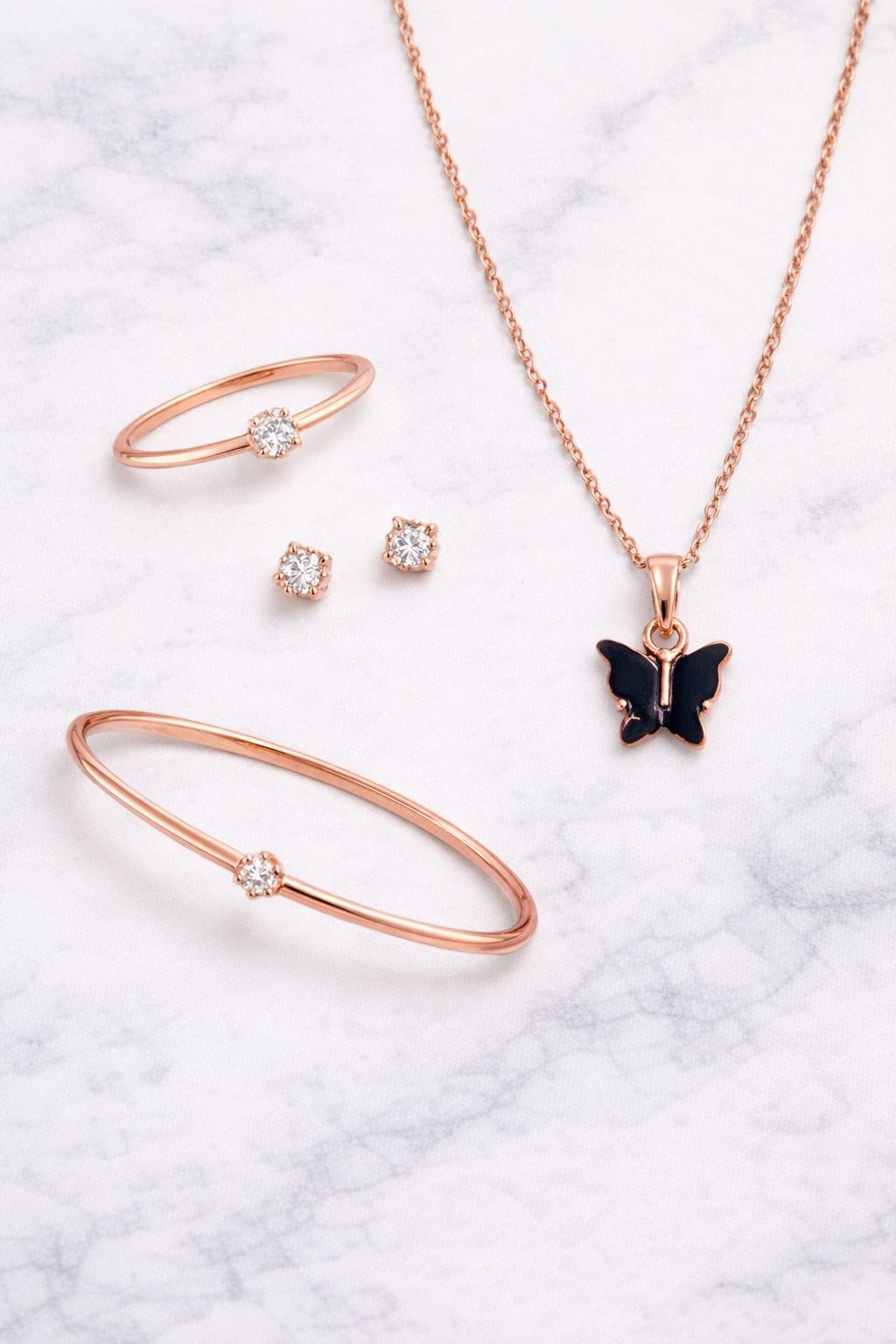 Elegant Butterfly Rose Gold Jewelry Set with CZ Stones – Necklace, Bracelet, Ring & Stud Earrings