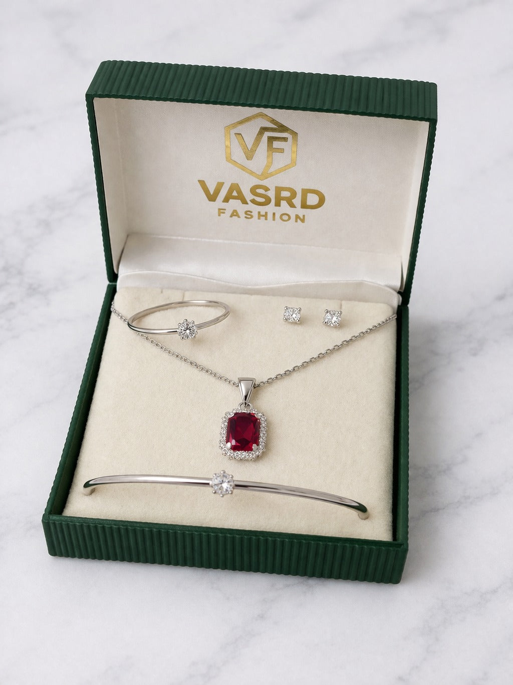 Elegant Ruby Red Stone Silver-Tone Jewelry Set – Pendant Necklace, Bracelet, Ring & Stud Earrings