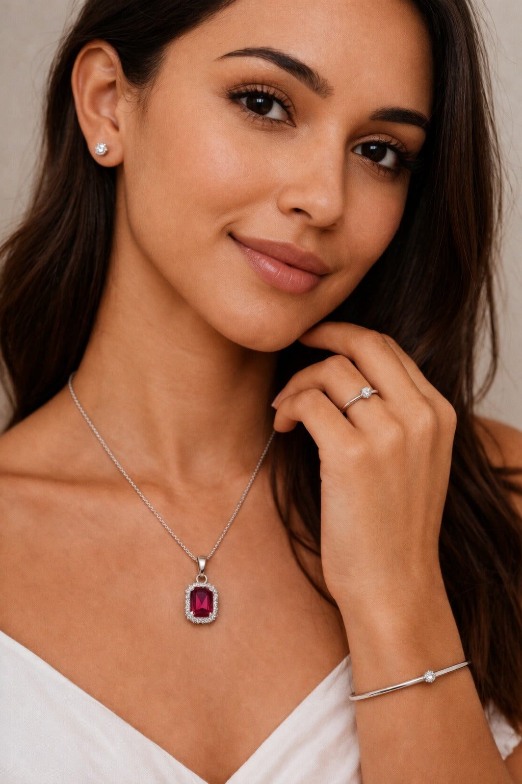 Elegant Ruby Red Stone Silver-Tone Jewelry Set – Pendant Necklace, Bracelet, Ring & Stud Earrings