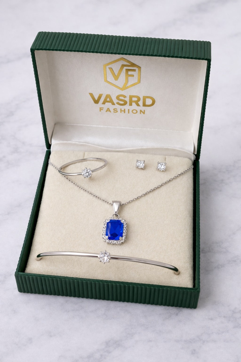 Elegant Sapphire Blue Stone Silver-Tone Jewelry Set – Pendant Necklace, Bracelet, Ring & Stud Earrings