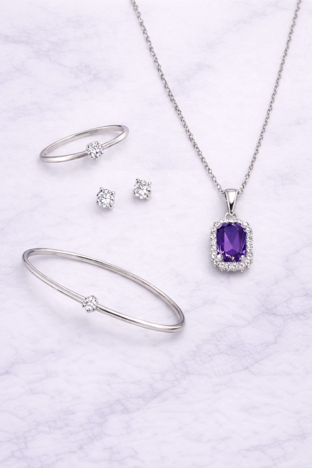 Elegant Amethyst Purple Stone Silver-Tone Jewelry Set – Pendant Necklace, Bracelet, Ring & Stud Earrings