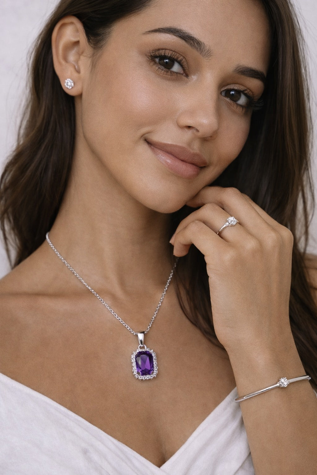 Elegant Amethyst Purple Stone Silver-Tone Jewelry Set – Pendant Necklace, Bracelet, Ring & Stud Earrings