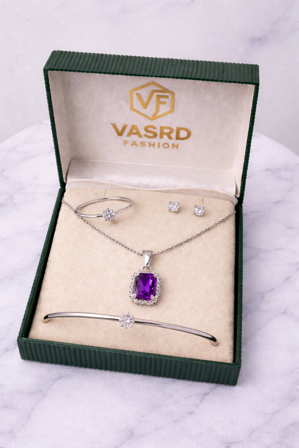 Elegant Amethyst Purple Stone Silver-Tone Jewelry Set – Pendant Necklace, Bracelet, Ring & Stud Earrings