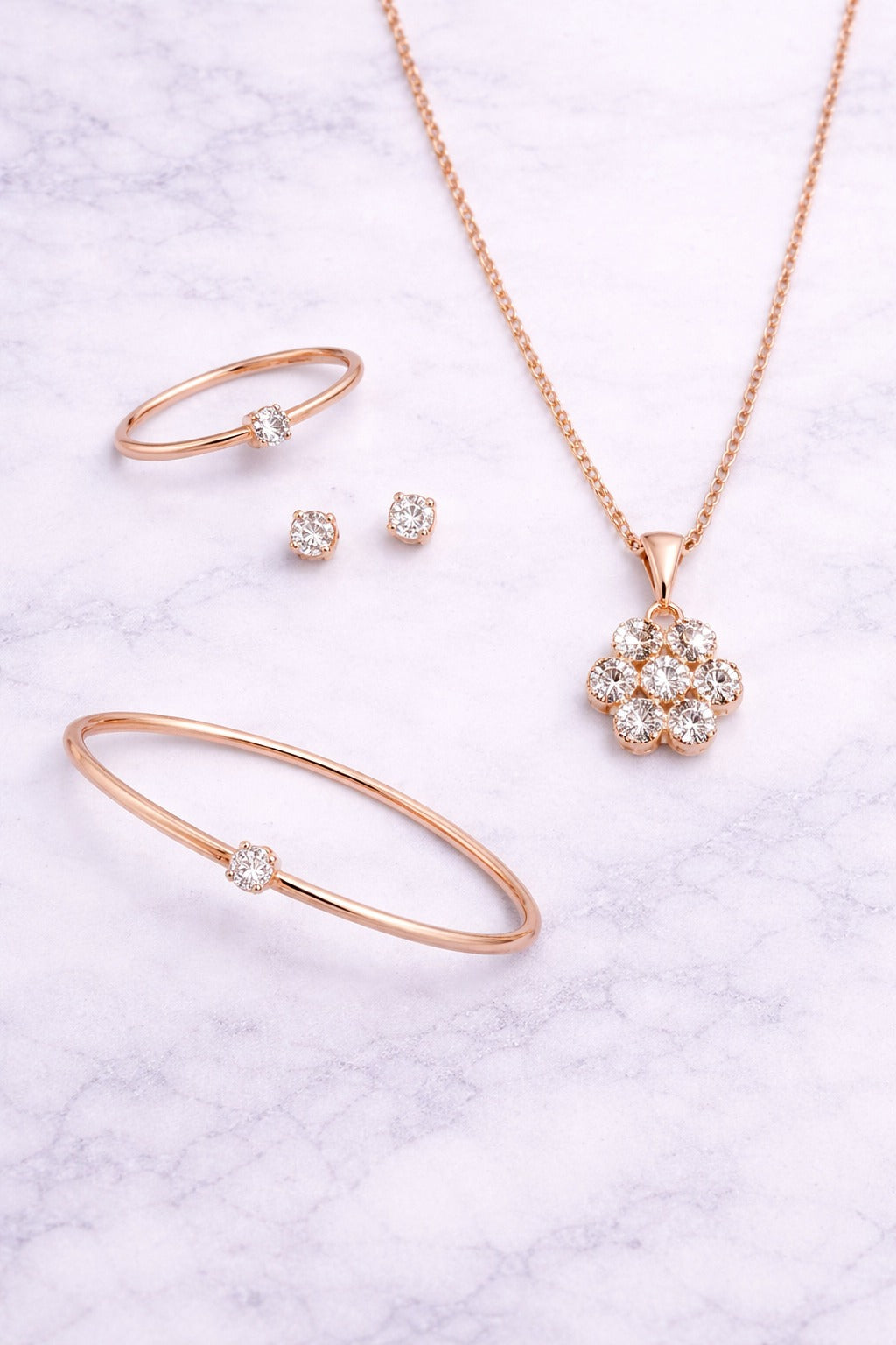 Elegant Floral Rose Gold Jewelry Set with CZ Stones – Pendant Necklace, Bracelet, Ring & Stud Earrings