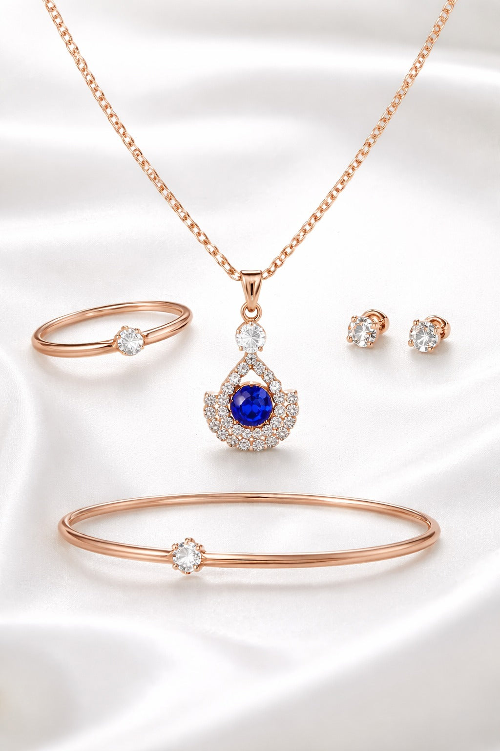 Elegant Rose Gold Blue Stone Pendant Jewelry Set with Bracelet, Ring & Stud Earrings