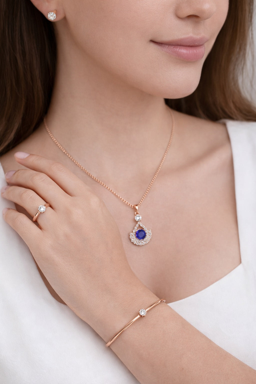 Elegant Rose Gold Blue Stone Pendant Jewelry Set with Bracelet, Ring & Stud Earrings