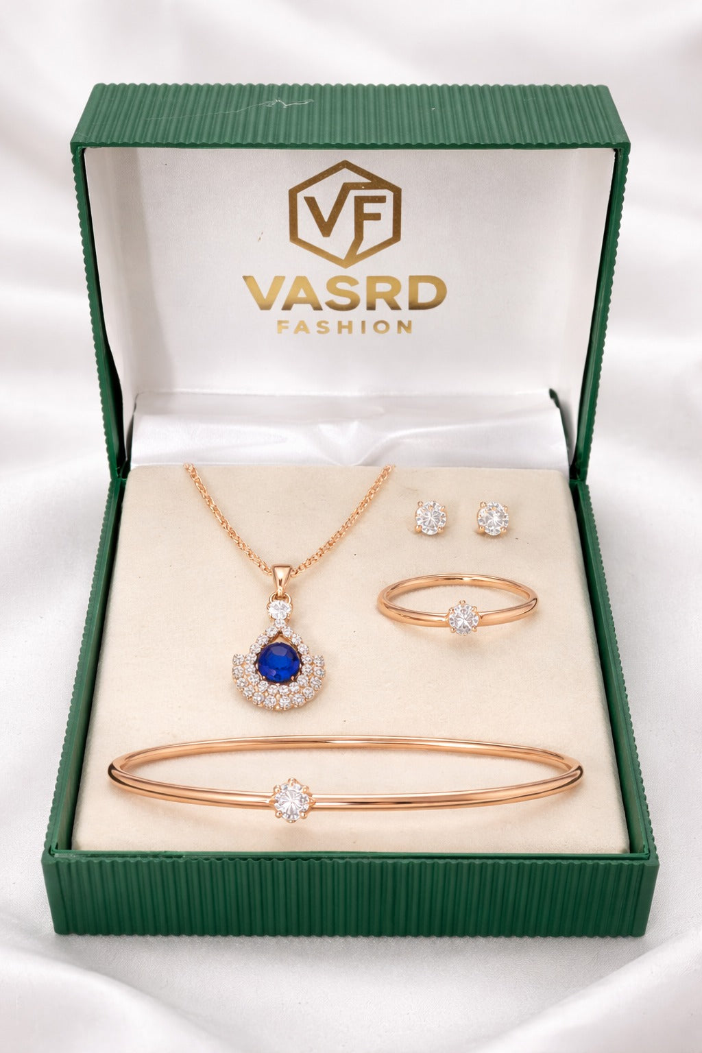 Elegant Rose Gold Blue Stone Pendant Jewelry Set with Bracelet, Ring & Stud Earrings
