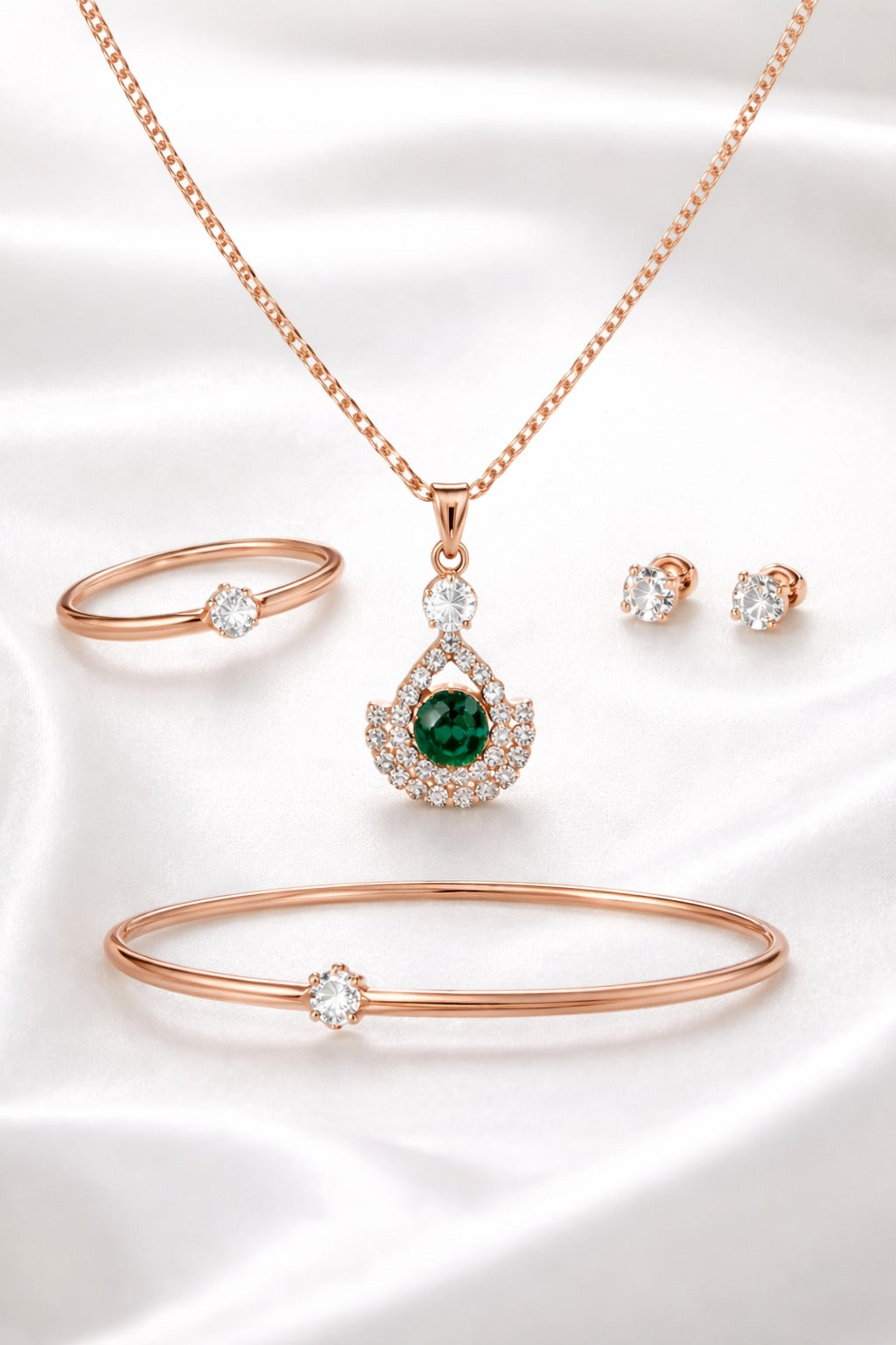 Elegant Rose Gold Green Stone Pendant Jewelry Set with Bracelet, Ring & Stud Earrings