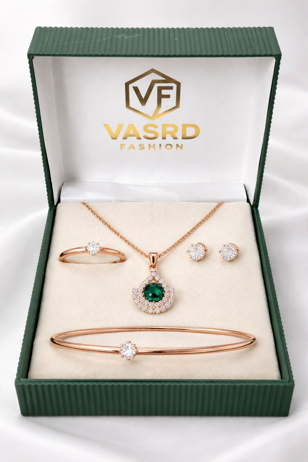 Elegant Rose Gold Green Stone Pendant Jewelry Set with Bracelet, Ring & Stud Earrings