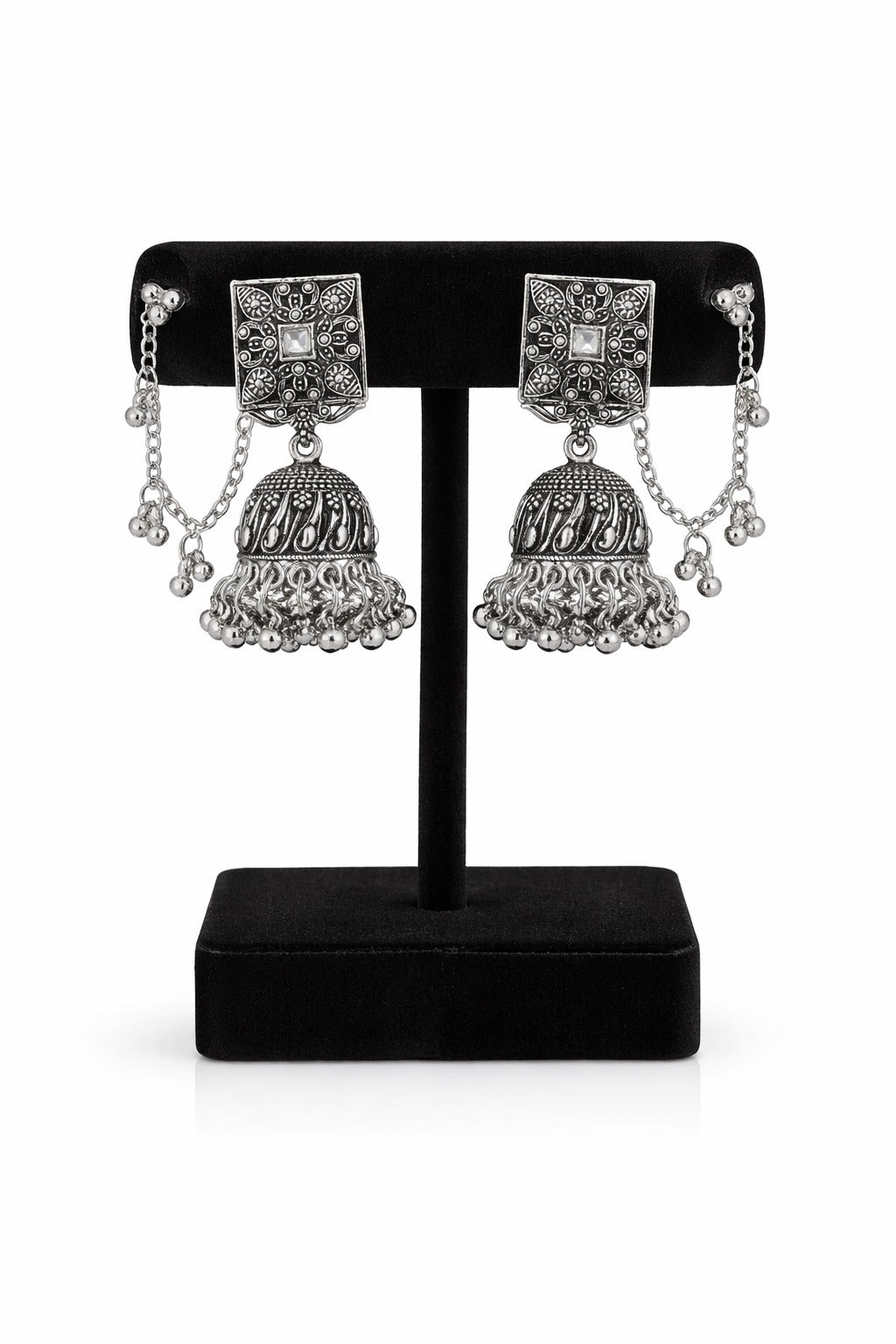 Oxidised Silver Square Stud Jhumka Earrings with Chain Tassels