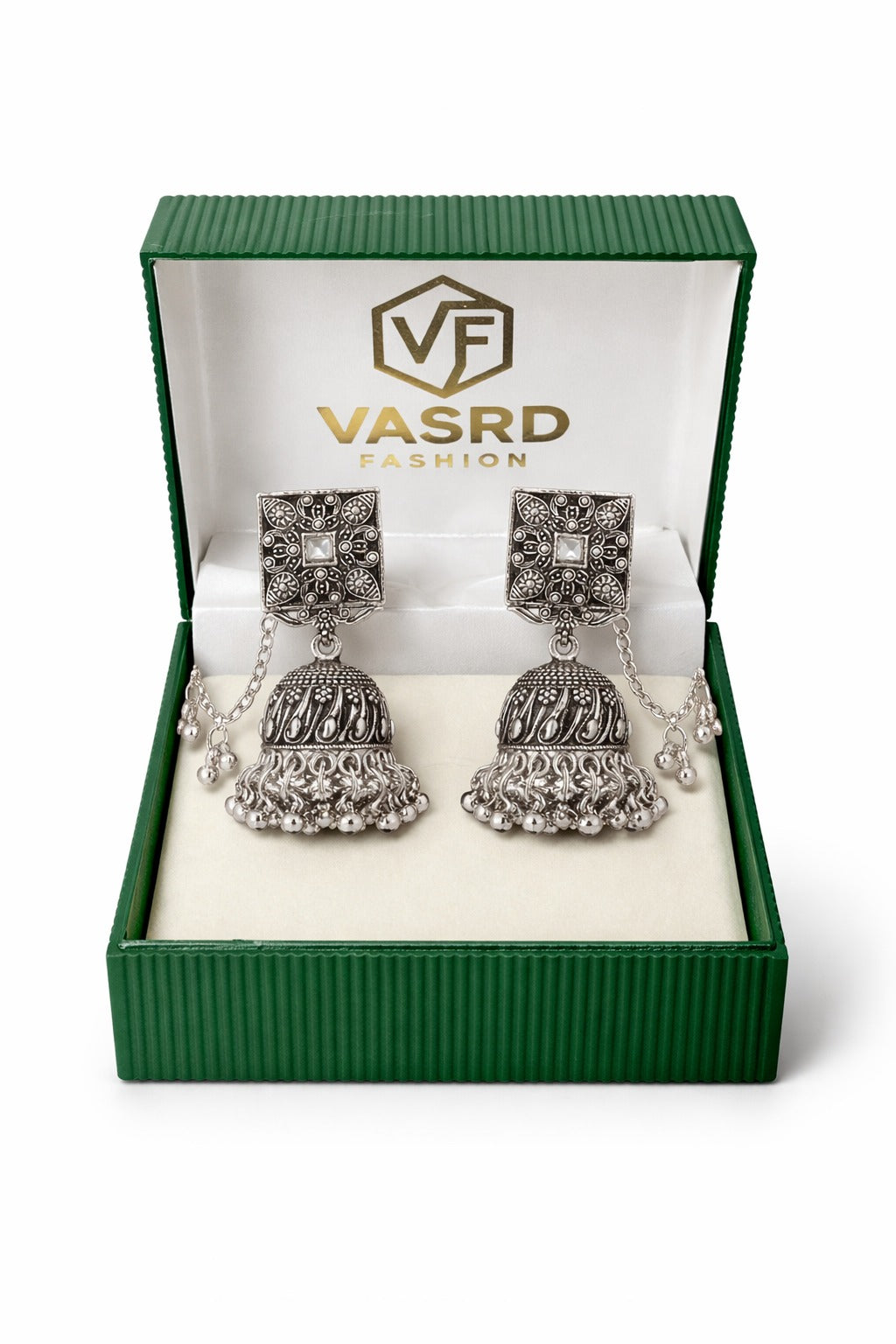 Oxidised Silver Square Stud Jhumka Earrings with Chain Tassels