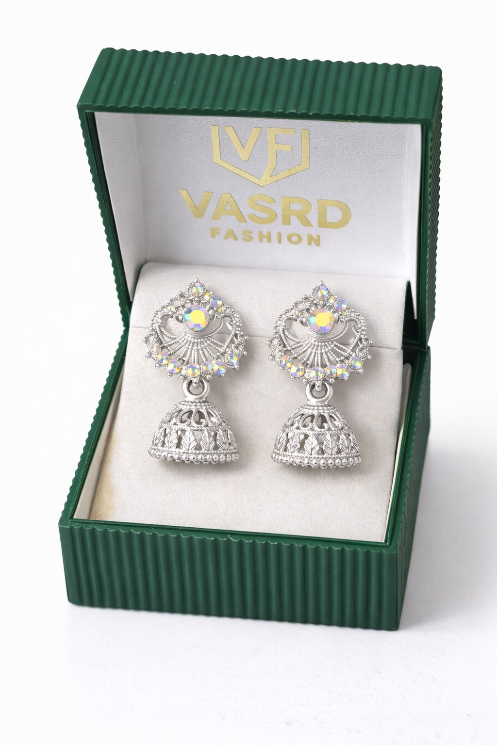 Elegant Silver Leaf Jhumka Earrings with Multicolor Stones – Traditional Ethnic Design
