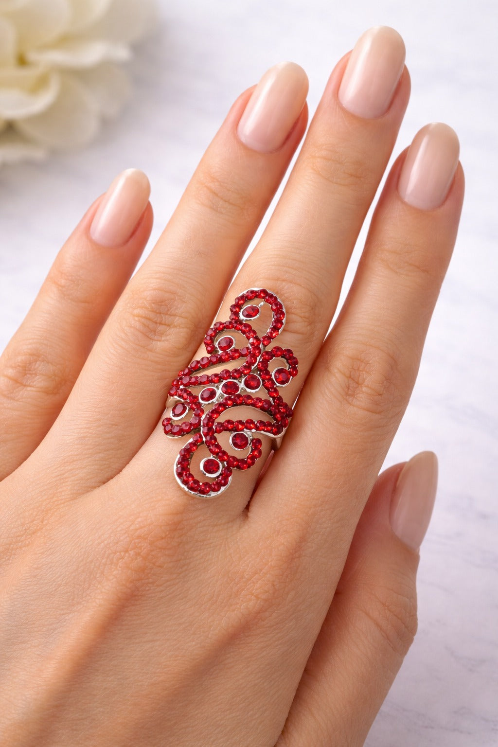 Elegant Ruby Red Crystal Swirl Statement Ring for Women