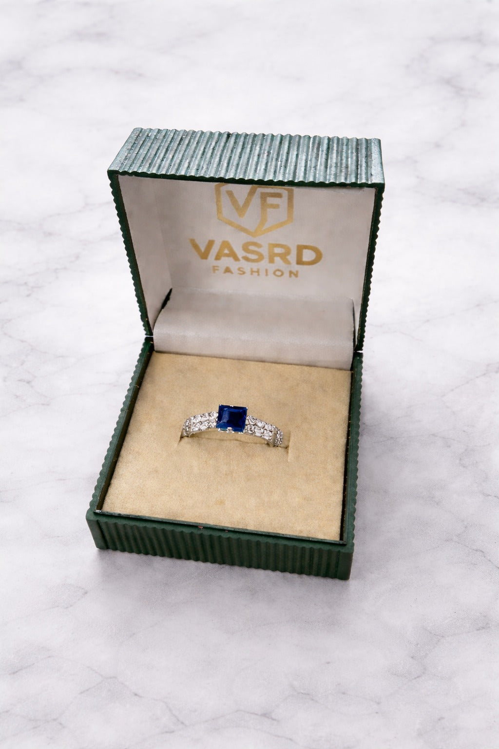 Princess Cut Blue Stone Pavé Band Ring