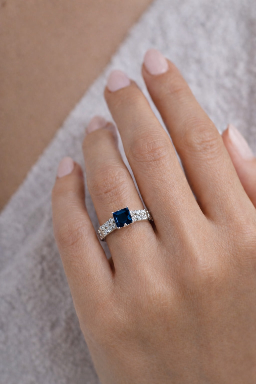 Princess Cut Blue Stone Pavé Band Ring
