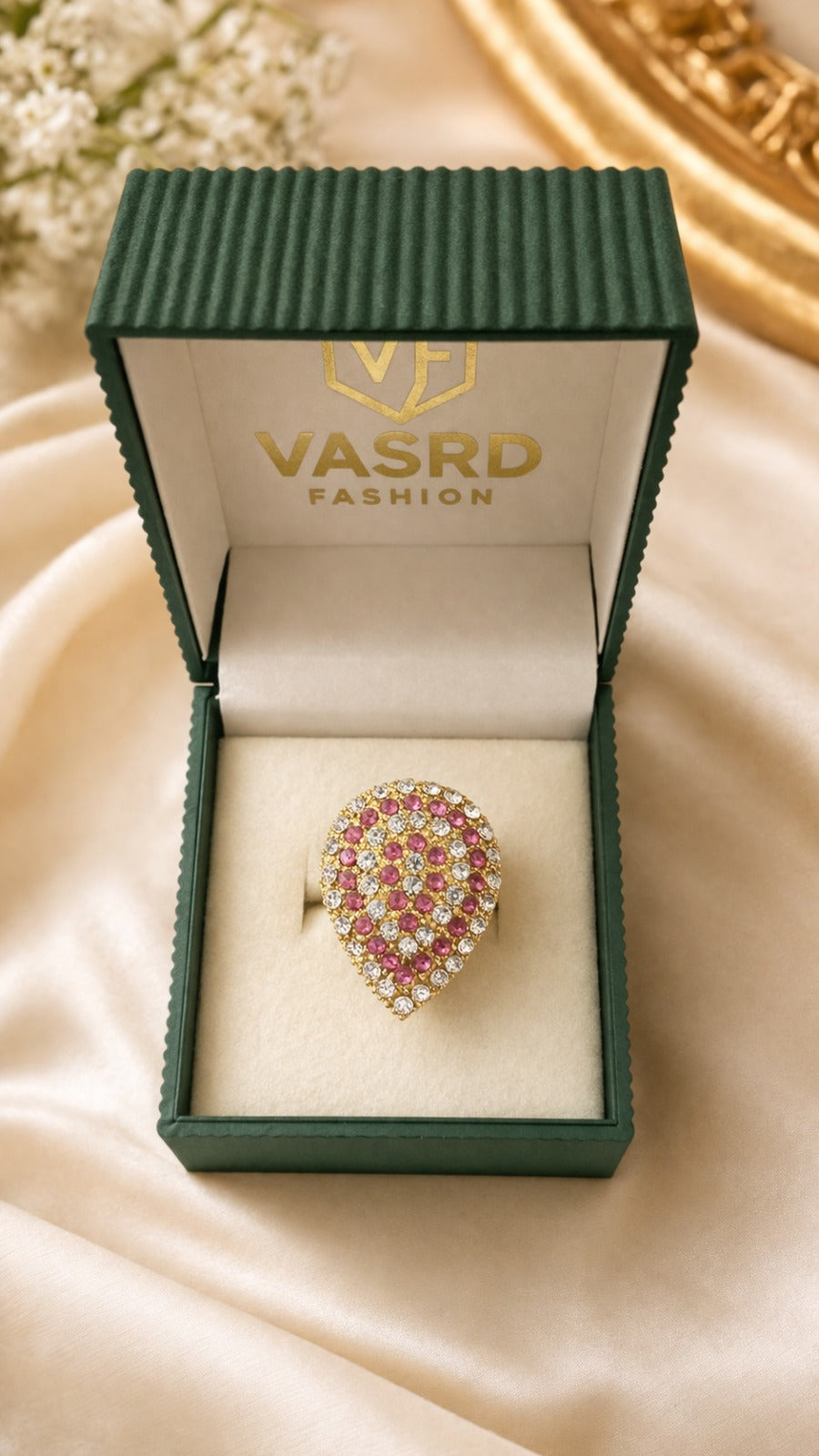Elegant Gold Plated Teardrop Ring with Pink & White Crystal Stones