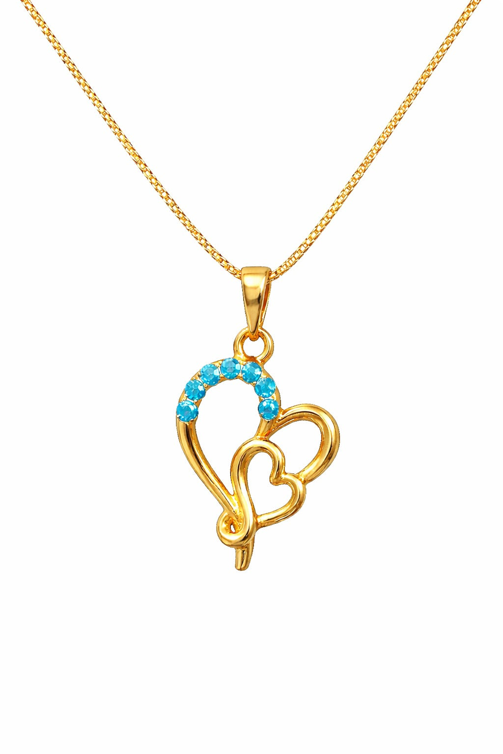 Elegant Gold Heart Pendant Necklace with Blue Gem Accents on Delicate Chain