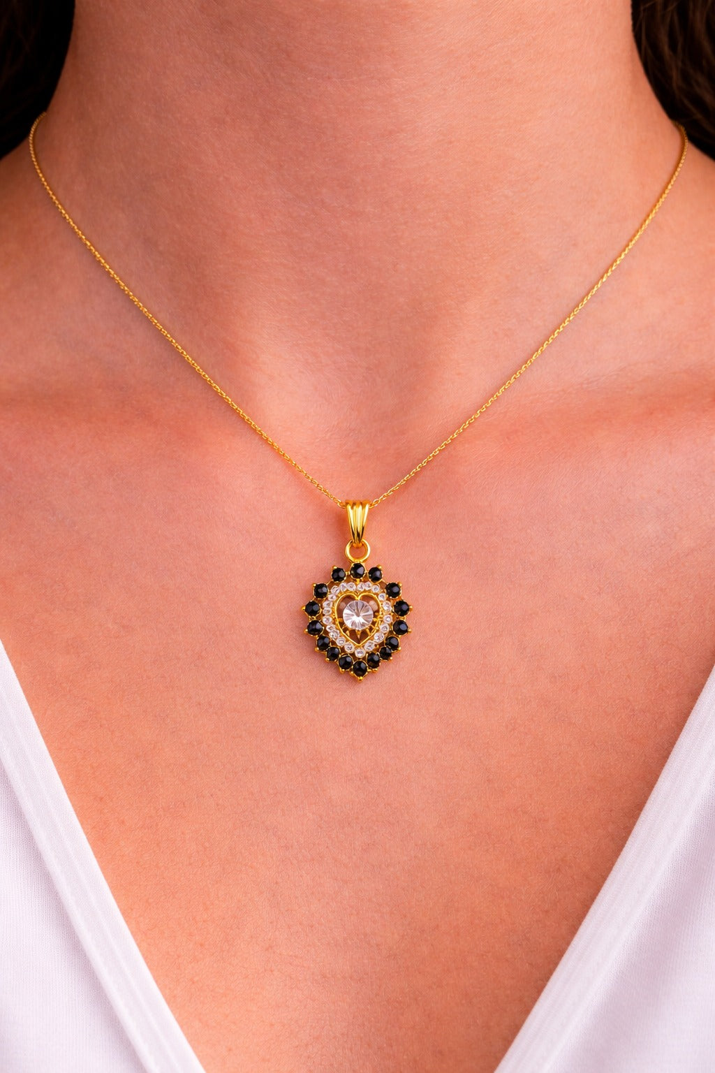 Elegant Gold Plated Heart Pendant Necklace with Black Stone & Crystal Design