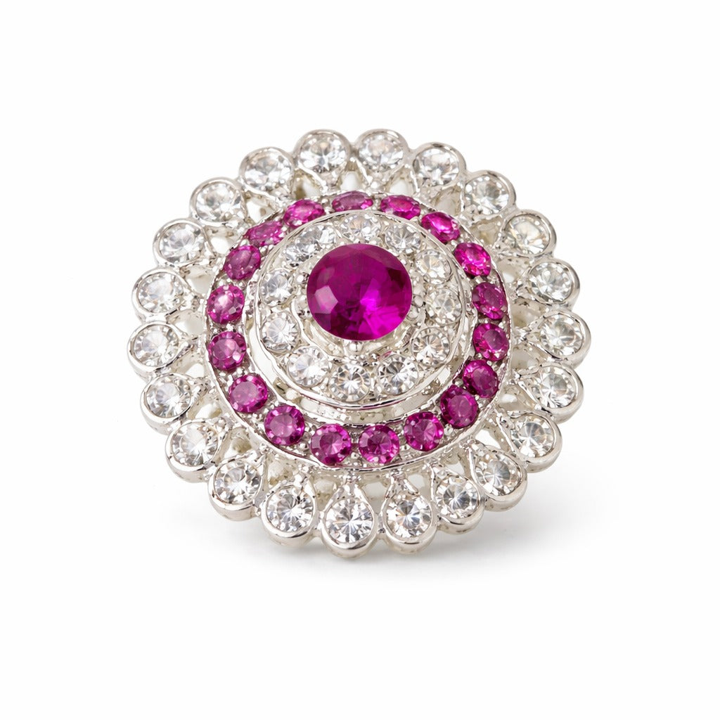 Silver-Tone Pink Crystal Floral Statement Ring with Halo Rhinestone Design