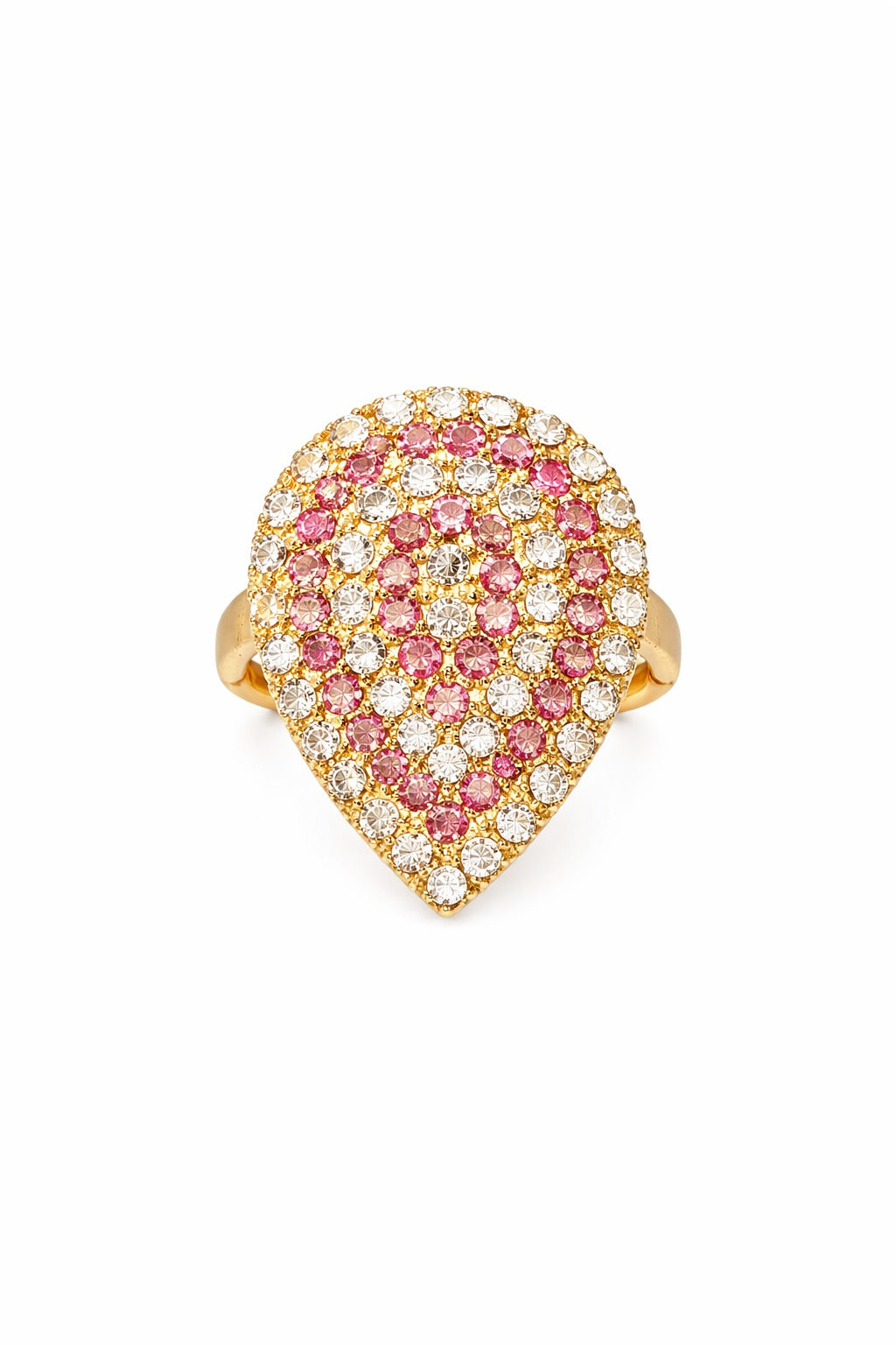 Elegant Gold Plated Teardrop Ring with Pink & White Crystal Stones