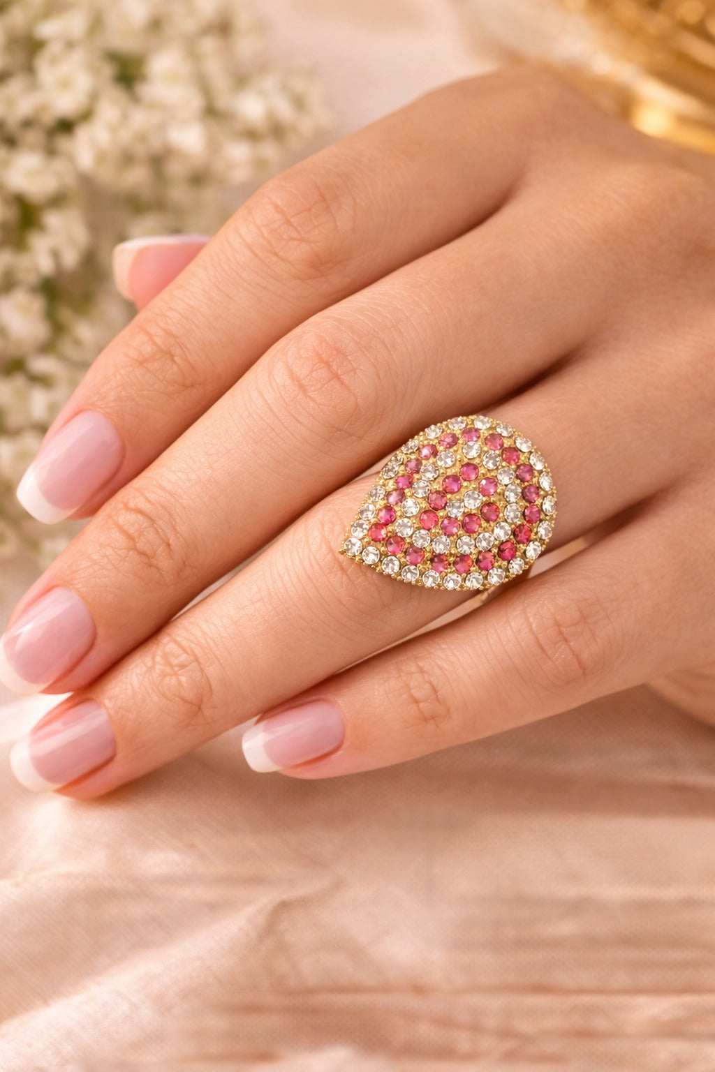 Elegant Gold Plated Teardrop Ring with Pink & White Crystal Stones