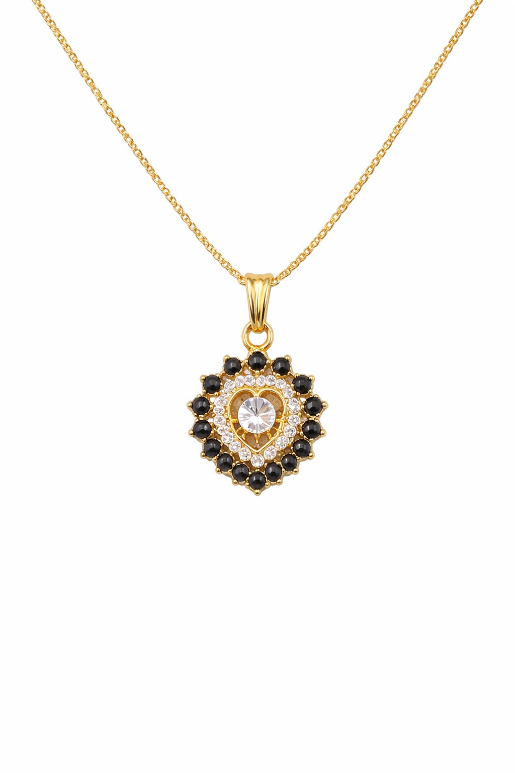 Elegant Gold Plated Heart Pendant Necklace with Black Stone & Crystal Design
