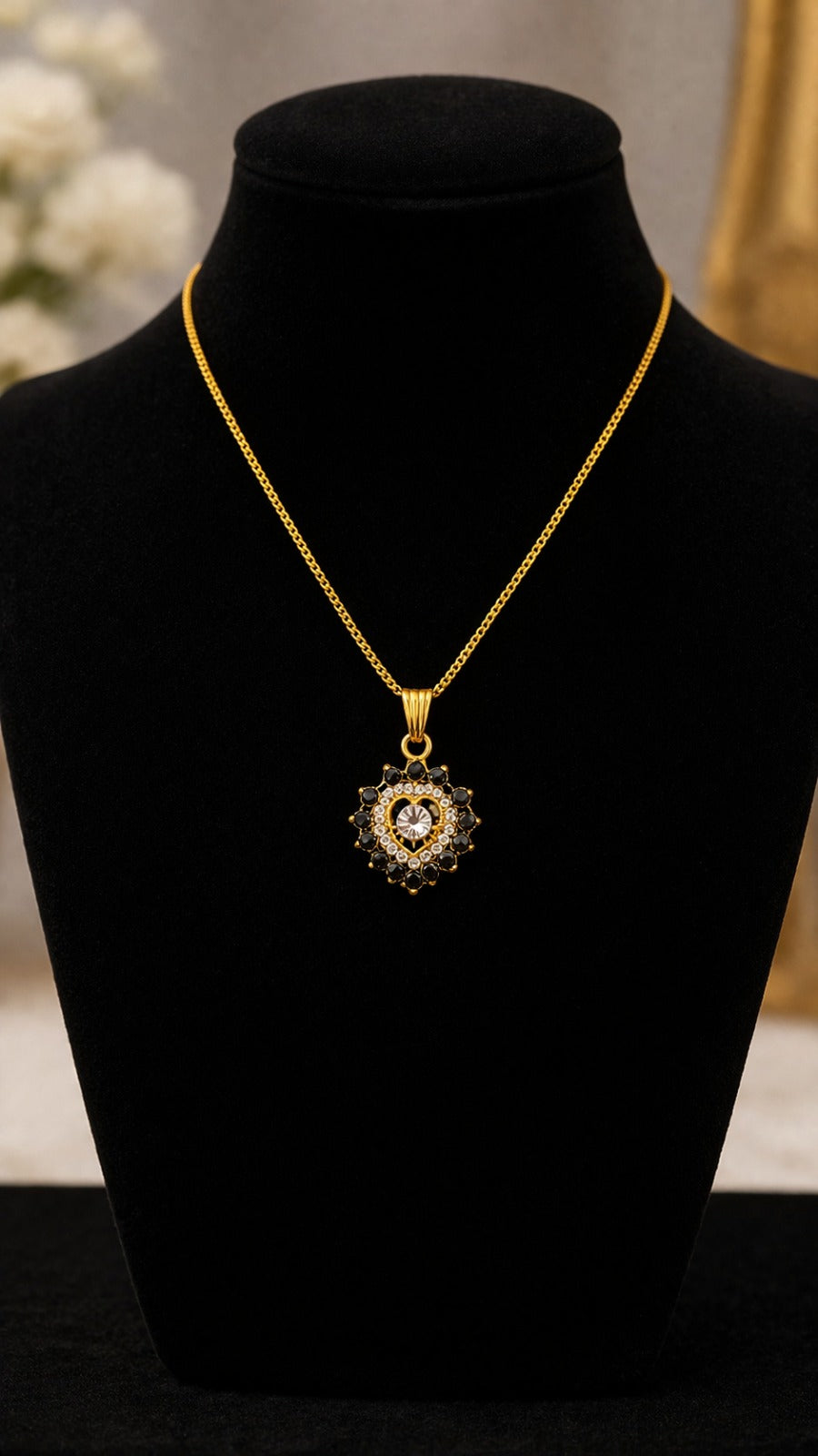 Elegant Gold Plated Heart Pendant Necklace with Black Stone & Crystal Design