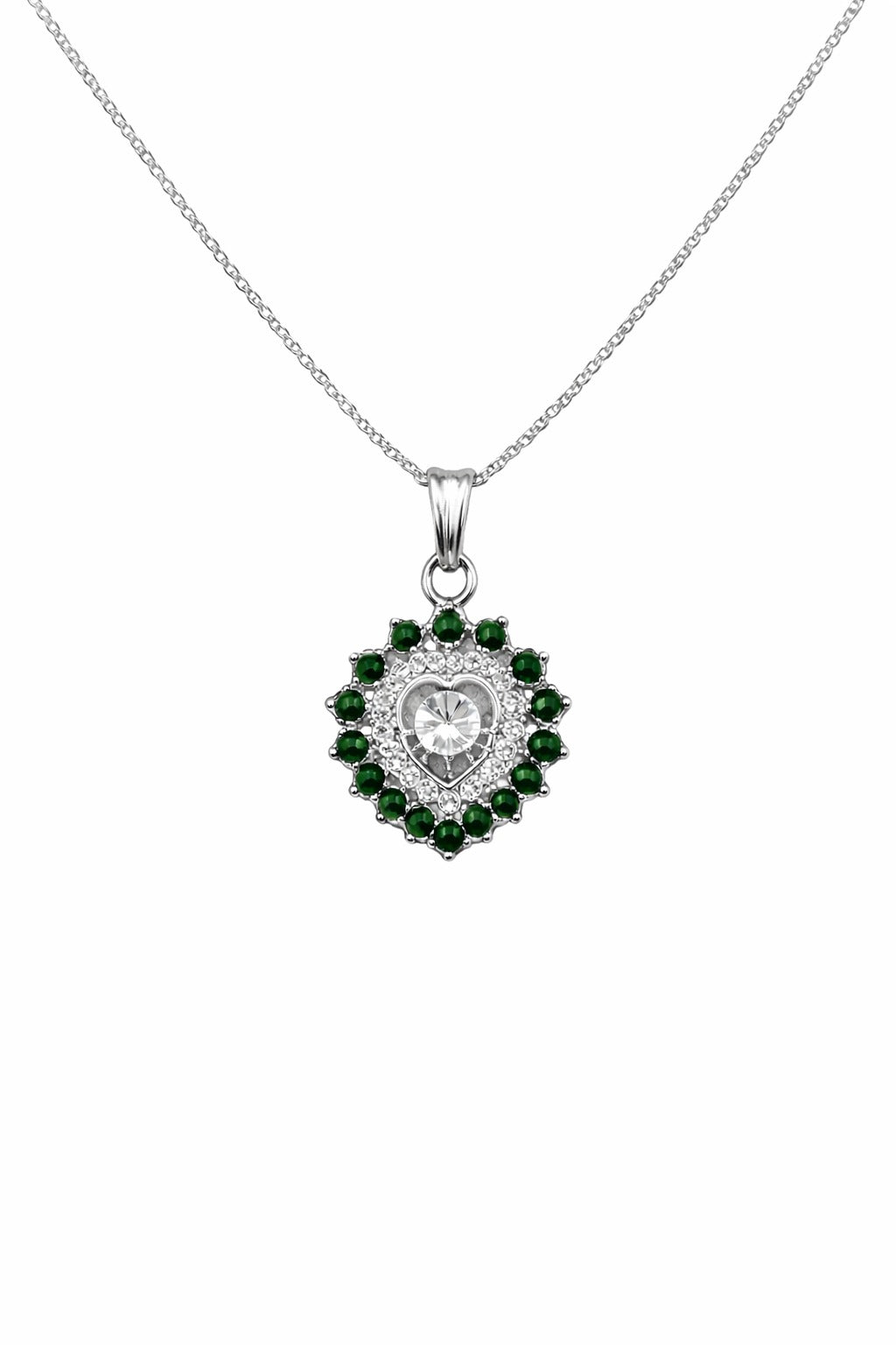 Stylish Silver Chain Necklace with Green Stone Heart Pendant for Women
