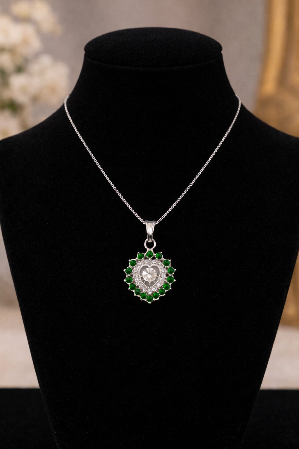 Stylish Silver Chain Necklace with Green Stone Heart Pendant for Women