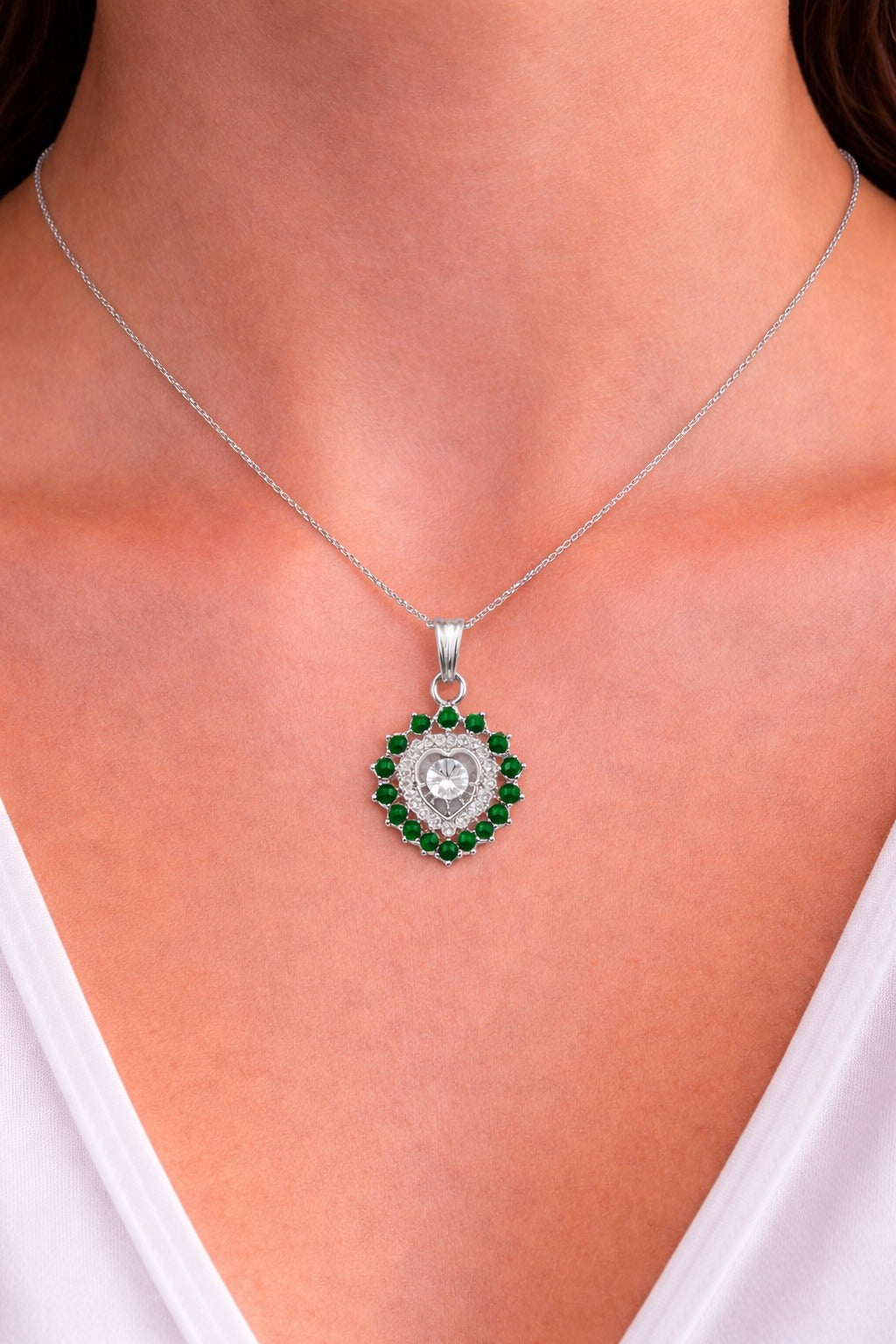 Stylish Silver Chain Necklace with Green Stone Heart Pendant for Women