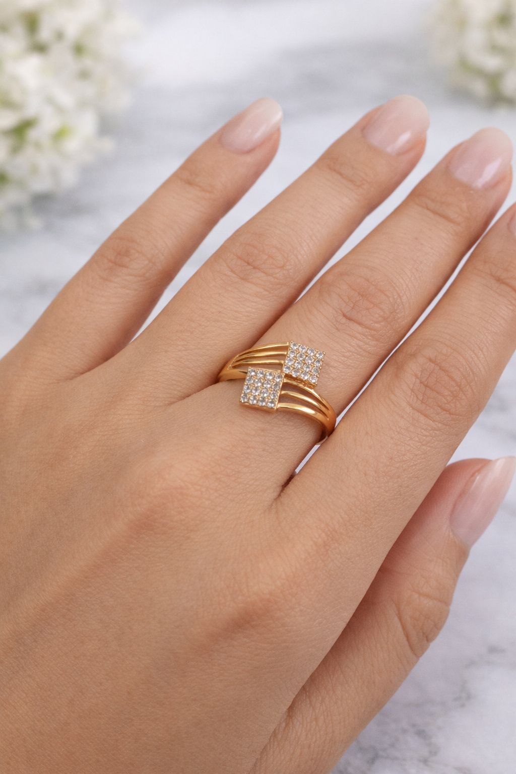Designer Double Square Crystal Ring – Elegant Party Wear Jewelry