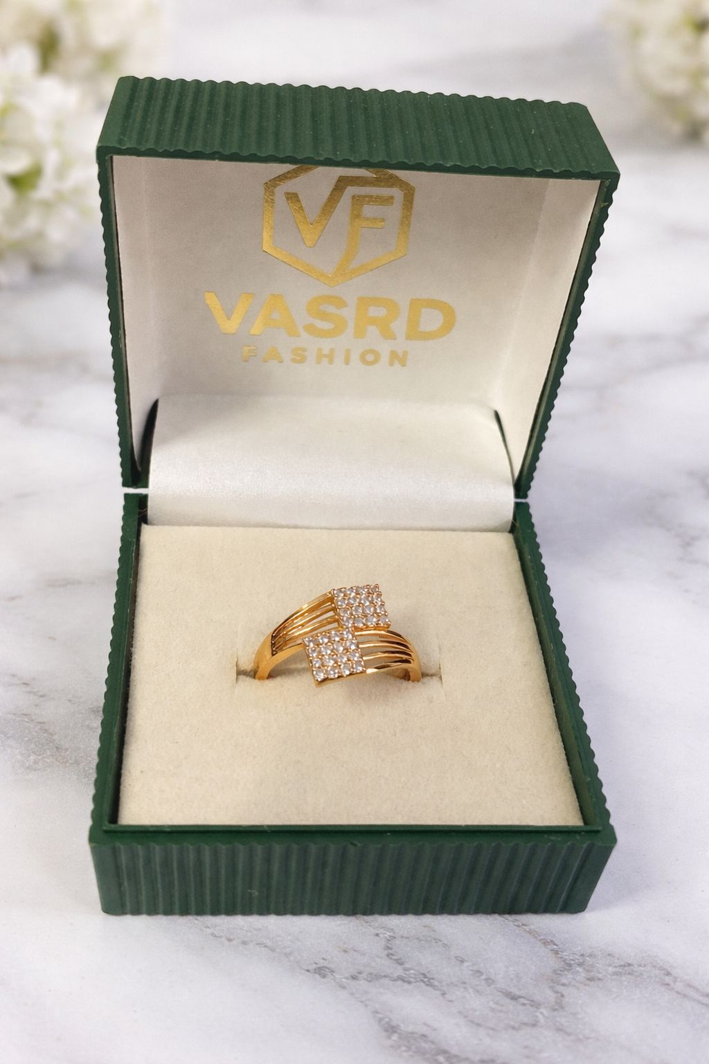 Designer Double Square Crystal Ring – Elegant Party Wear Jewelry