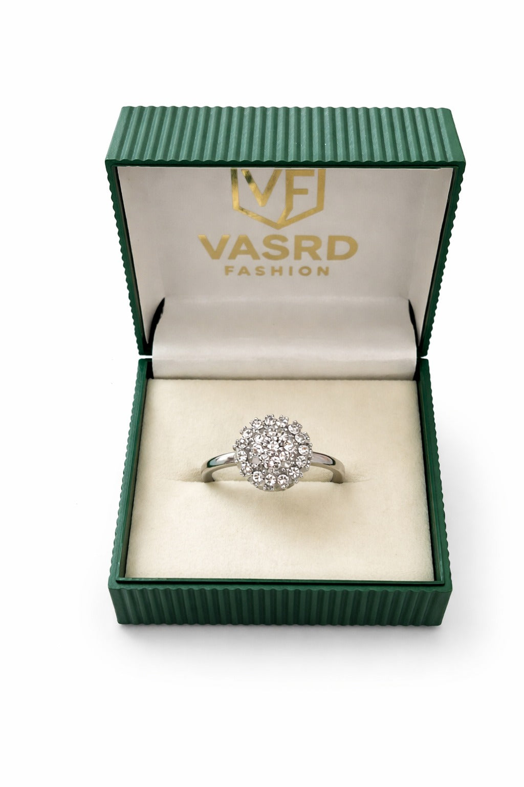 VASRD Silver Tone Sparkling Cluster Crystal Ring